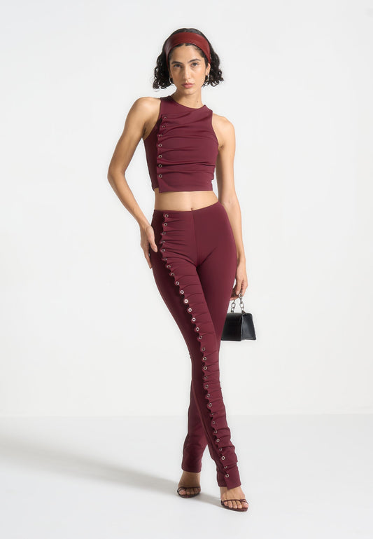 Eyelet Detail Tacked Racer Top  - Wine Red