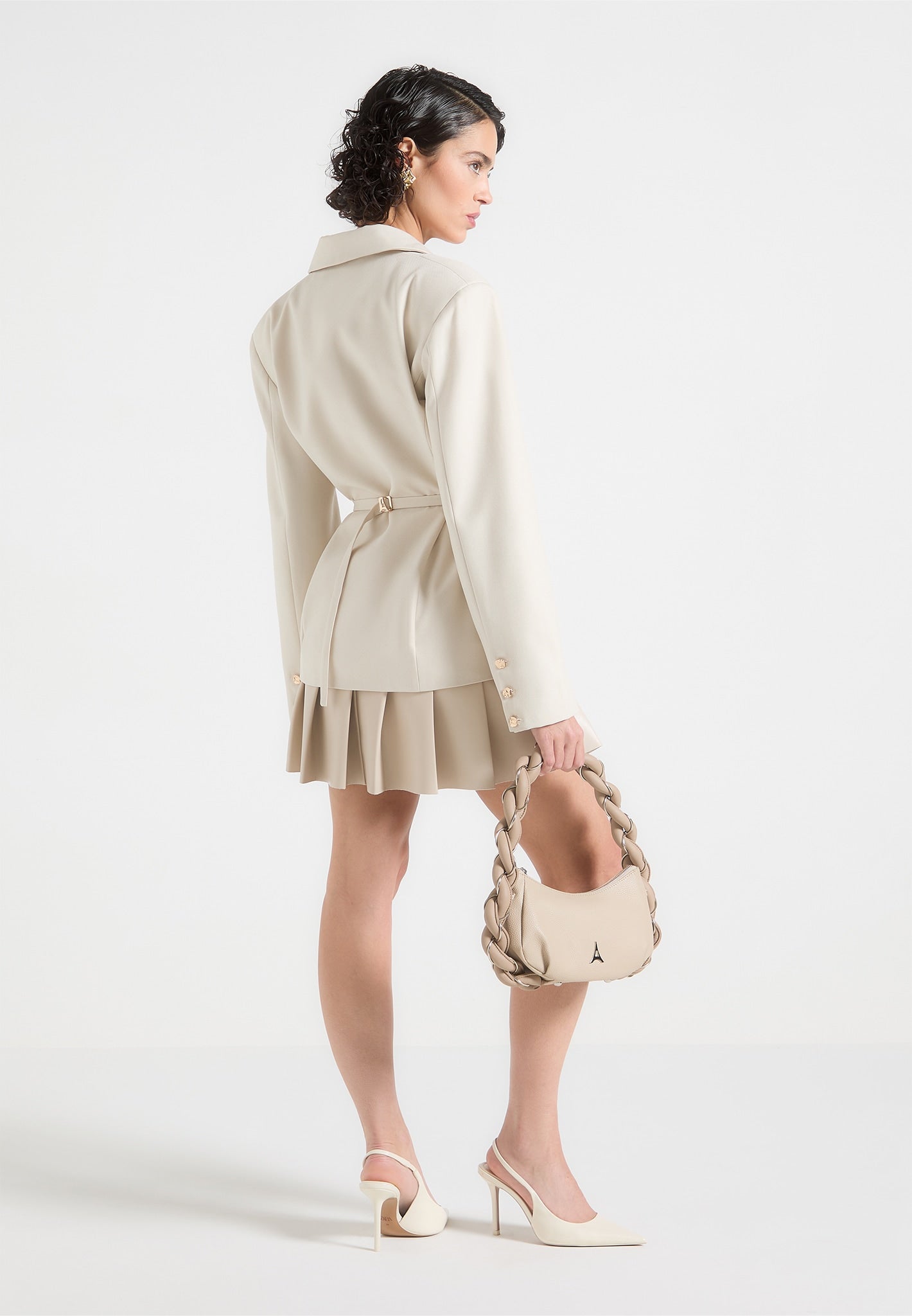 Tailored Cinch Blazer Dress with Pleats - Beige