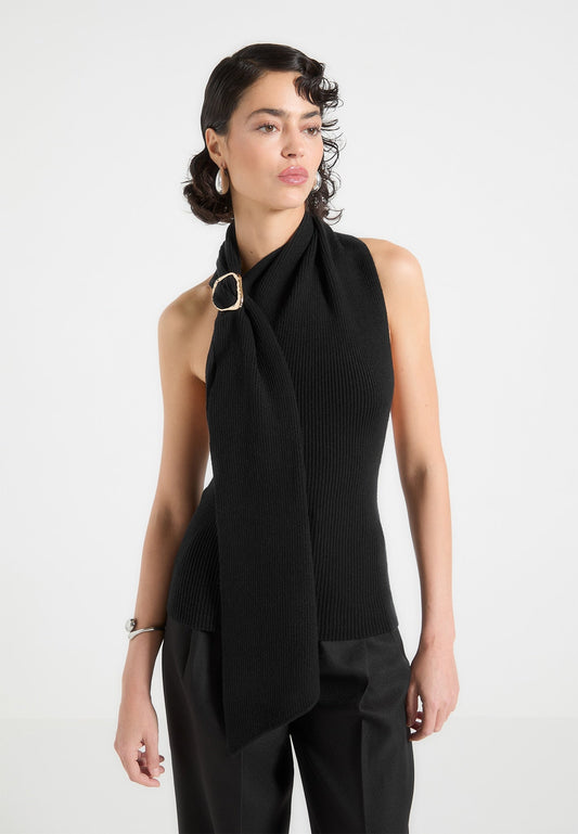Knitted Draped Halterneck Top - Black