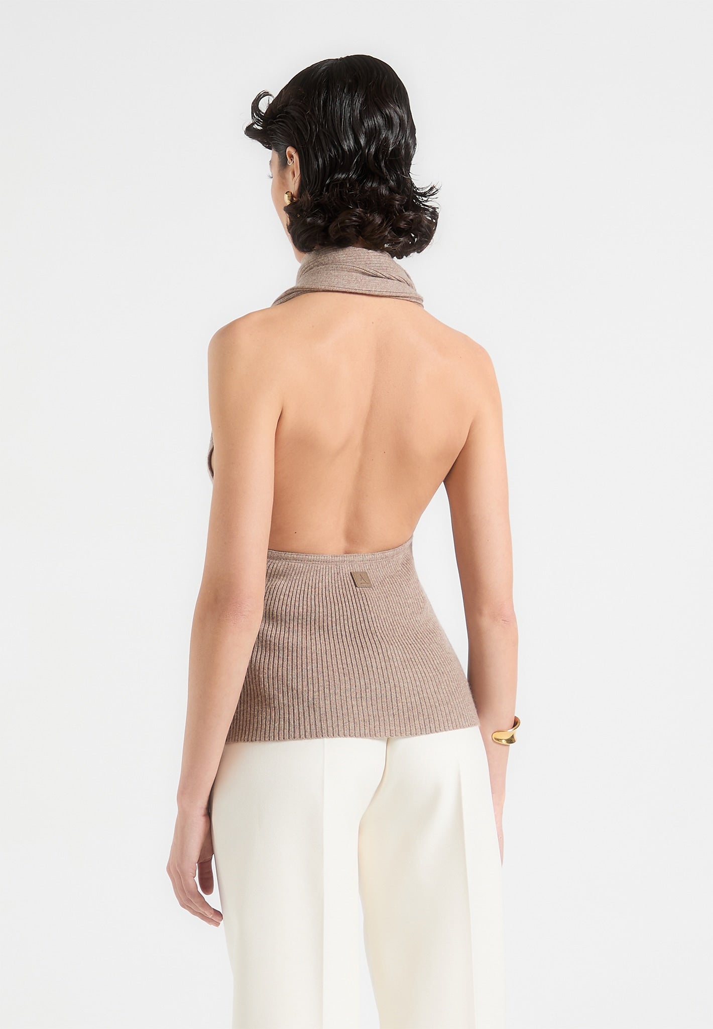 Knitted Draped Halterneck Top - Taupe