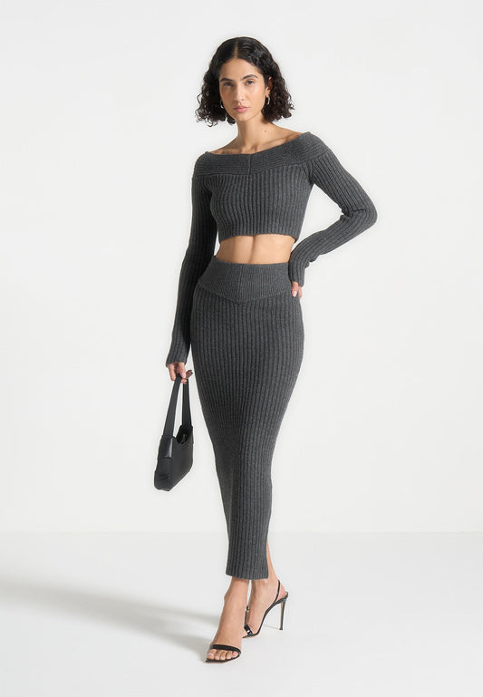 Off Shoulder Knit Crop Top - Grey Marl