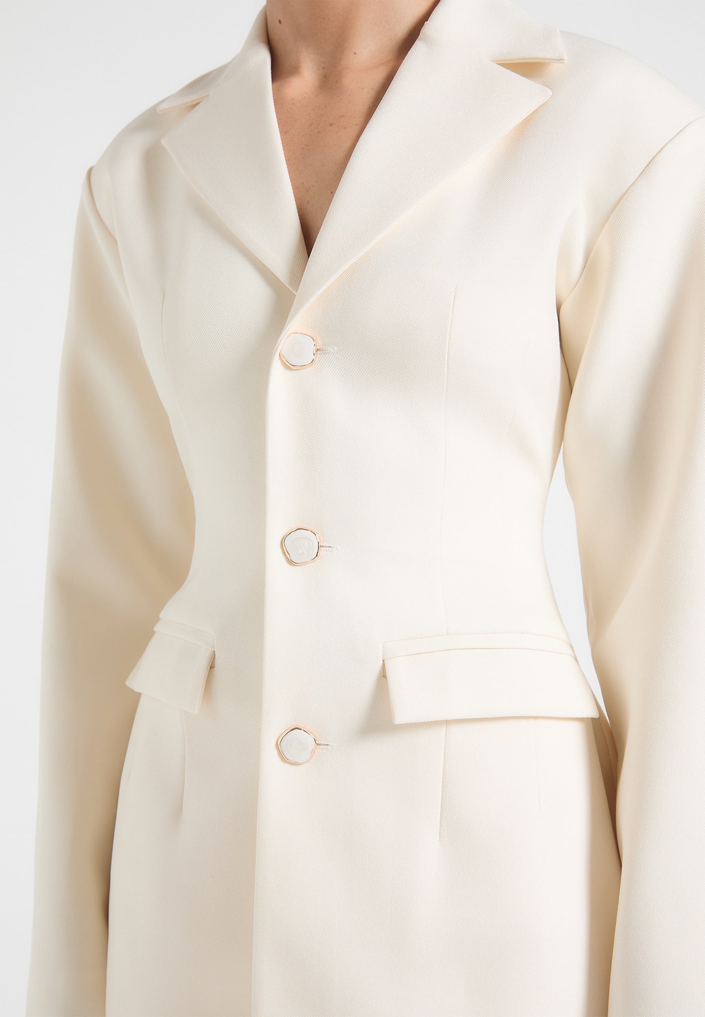 Wide Shoulder Cinch Waist Blazer - Cream