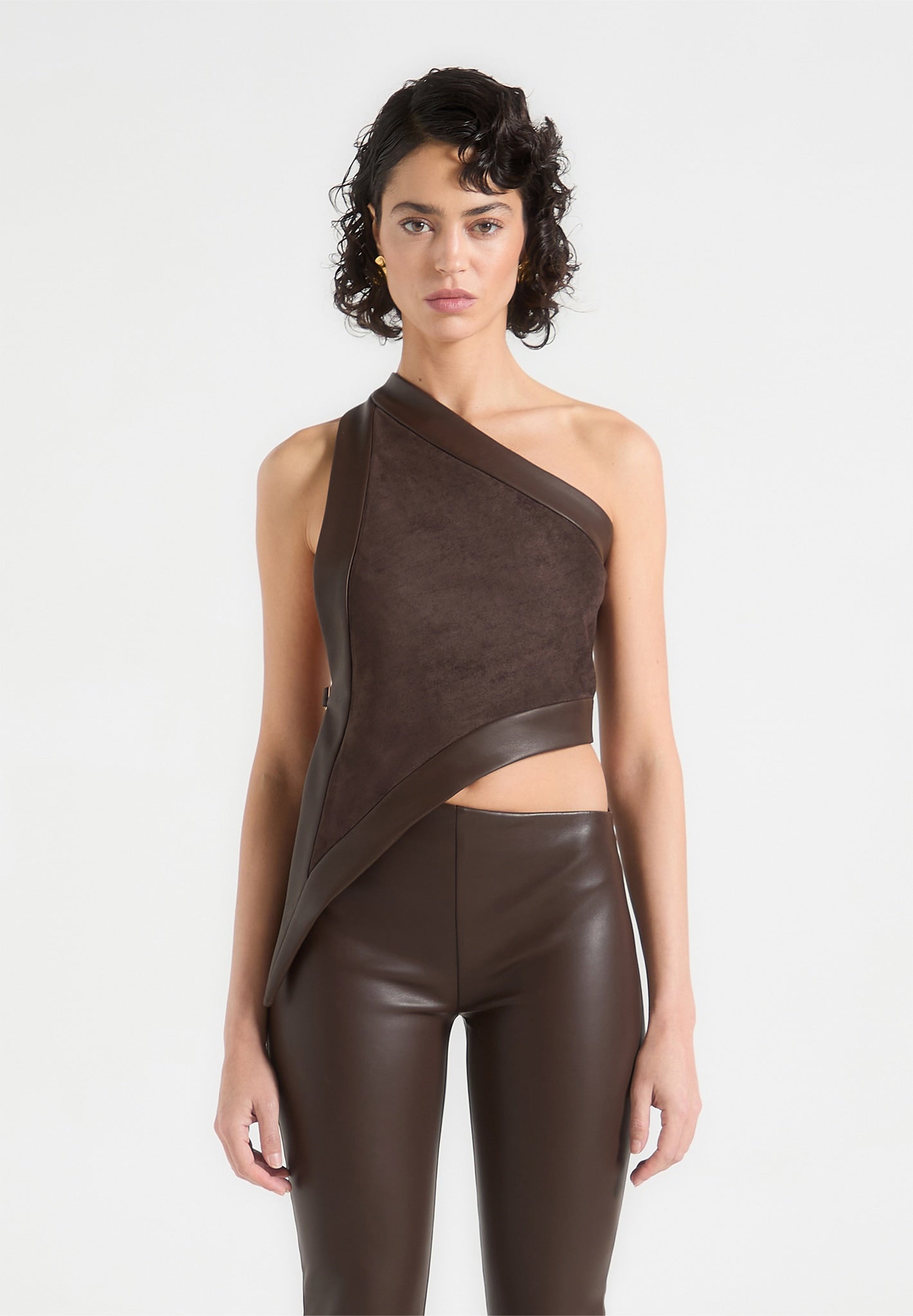 Suede & Leather Asymmetric Backless Top - Brown