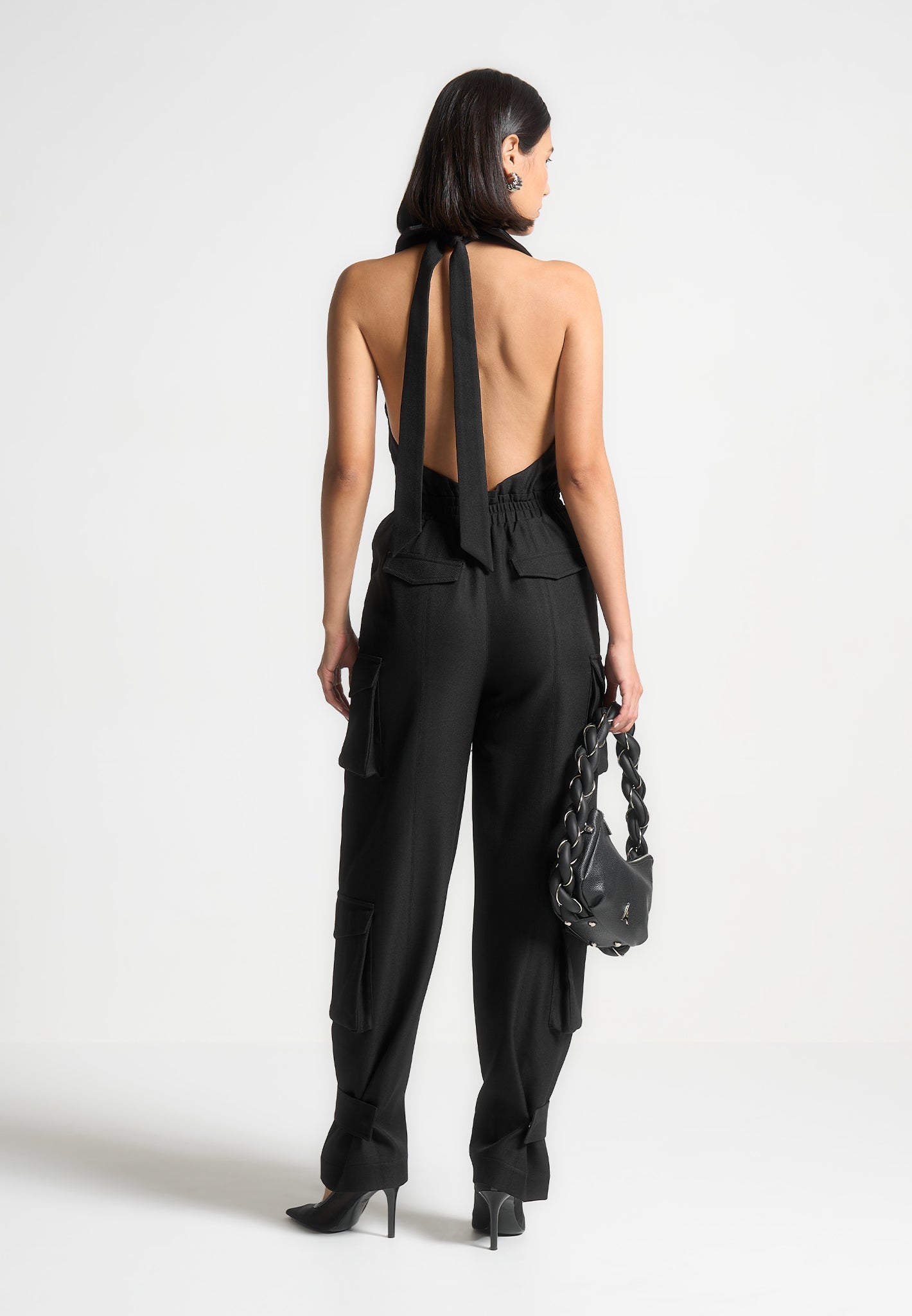 Tailored Halterneck Cargo Jumpsuit - Black