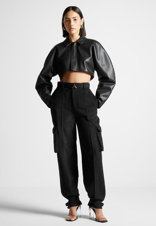 Wool Tailored Cargo Trousers - Black