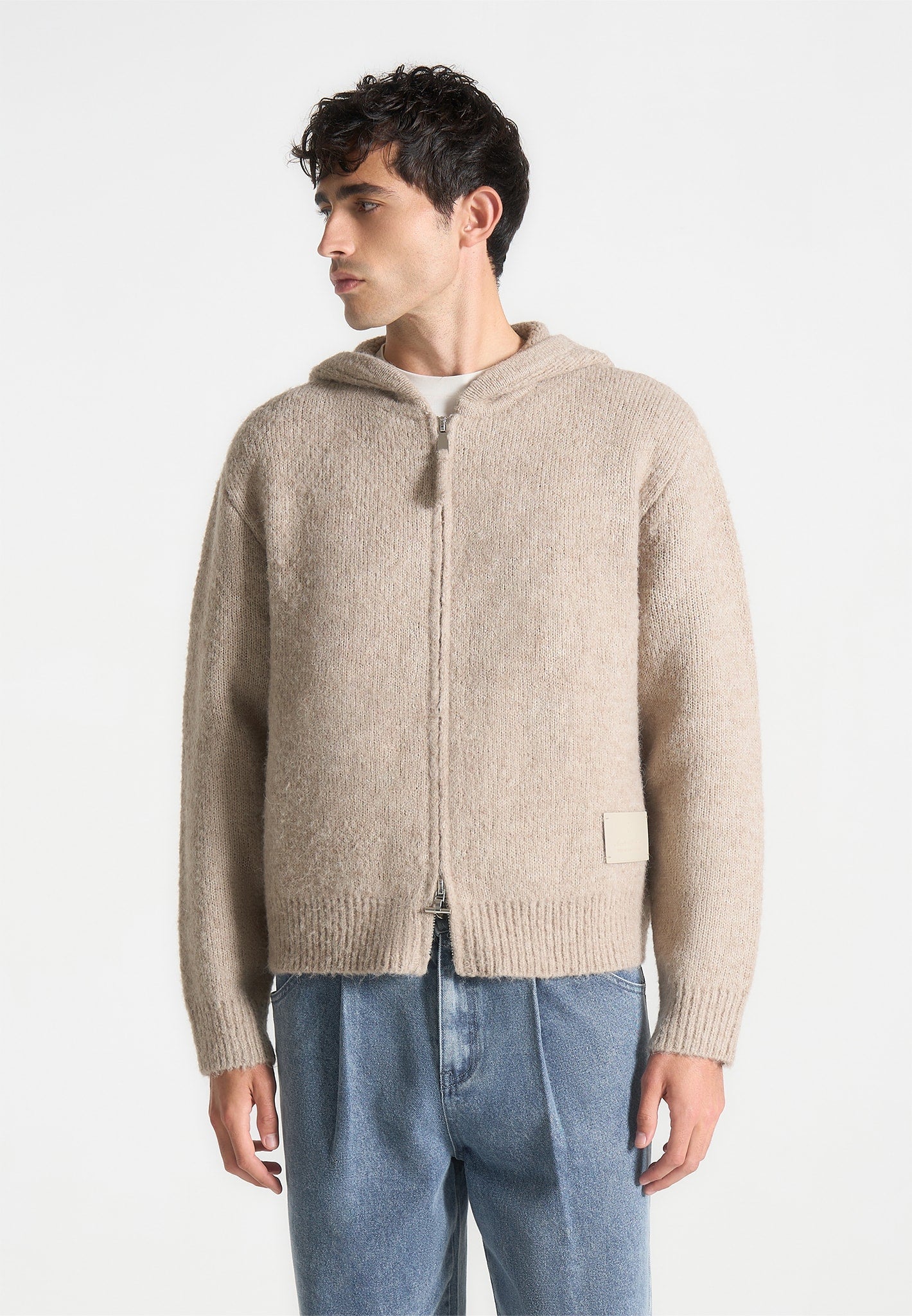 Mohair-Blend Zip Through Hoodie - Beige