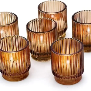 Amber Ribbed Glass Votive Candle Holders – Set of 6