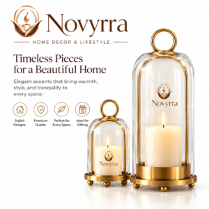 Novyrra |Brass Glass Hurricane Candle Holders Set – Large & Small