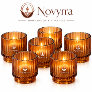Novyrra |Amber Ribbed Glass Votive Candle Holders – Set of 6