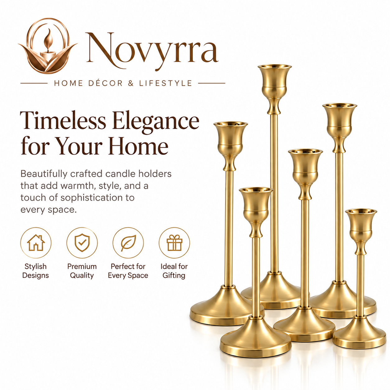 Novyrra |Gold Metal Taper Candle Holders Set – 12 Pieces